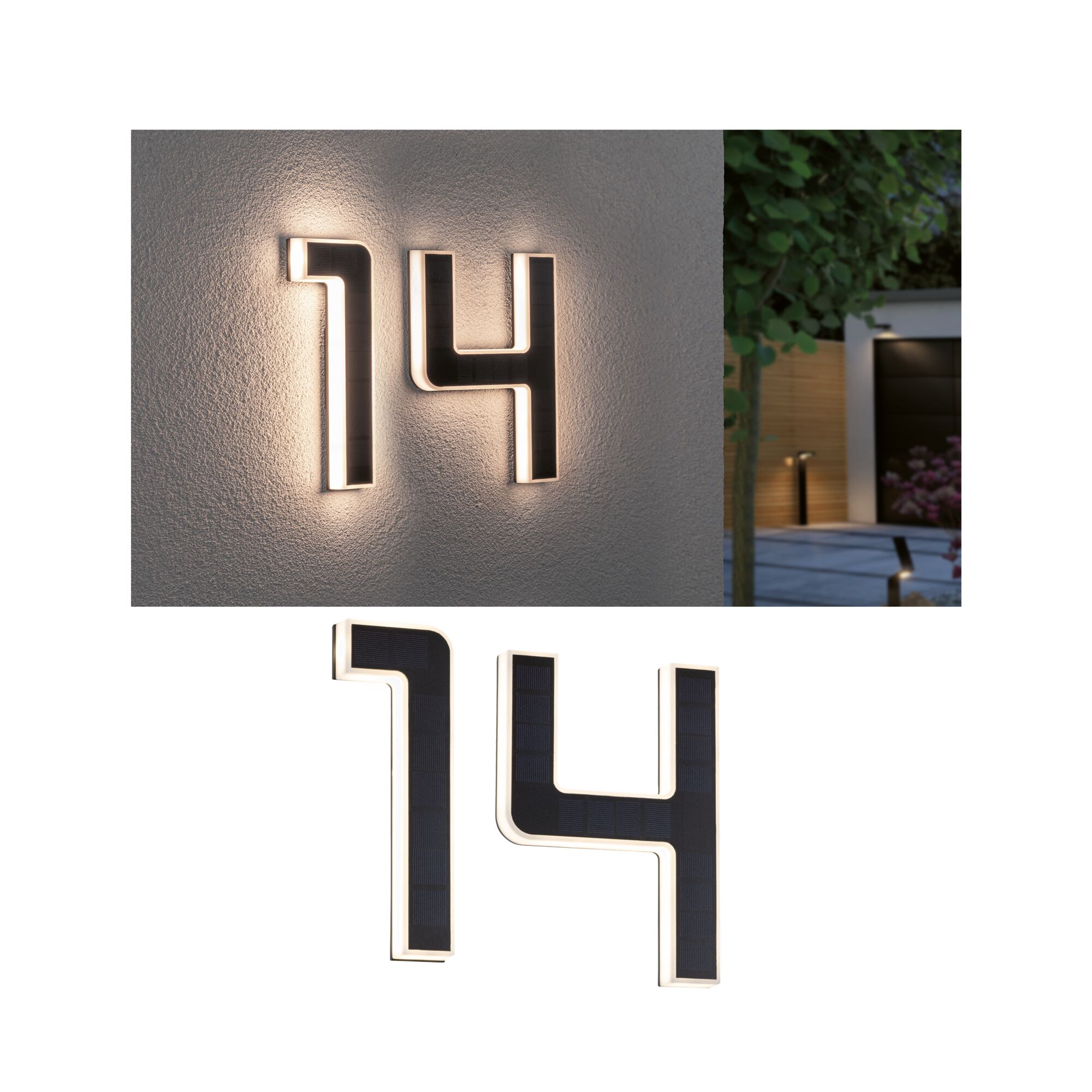 Zestaw Solar LED Oświetlenie numeru domu wraz z wymienną baterią Numer 14 3000K 2x6lm 2x0,2W Czarny Modern house number 14 with solar-powered LED lights in black and white for outdoor use.
