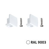 Zwei weiße Kunststoff-Endkappen mit Schrauben in RAL 9003 für LED-Schienenbeleuchtung.