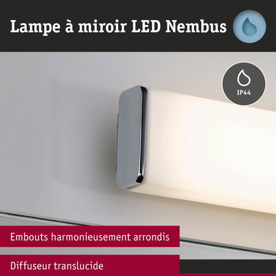 Lampe à miroir LED Nimbus avec embouts arrondis et diffuseur translucide, finition chromée, indice IP44