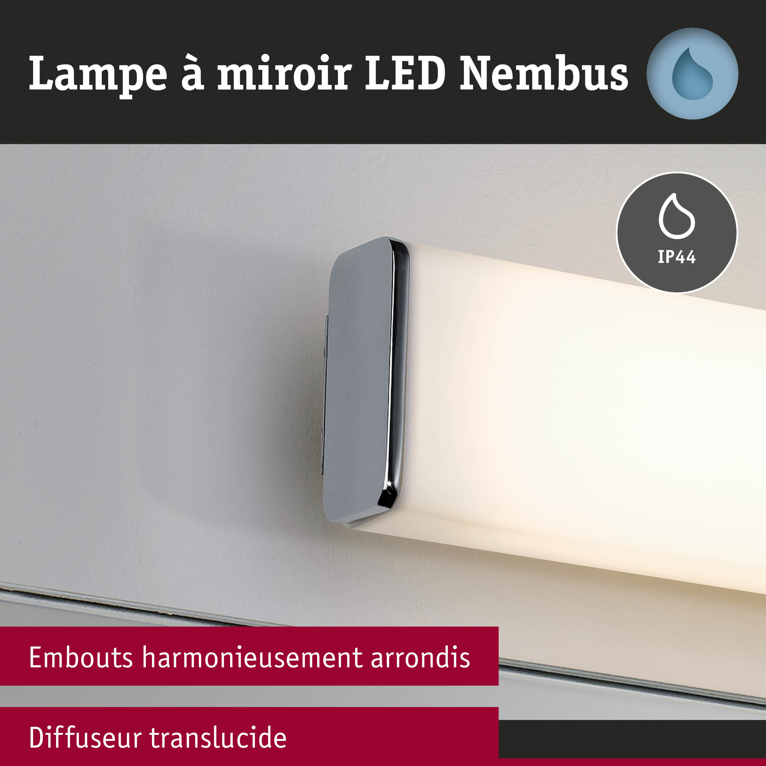 Lampe à miroir LED Nimbus avec cadre en métal chromé et diffuseur translucide pour salle de bain