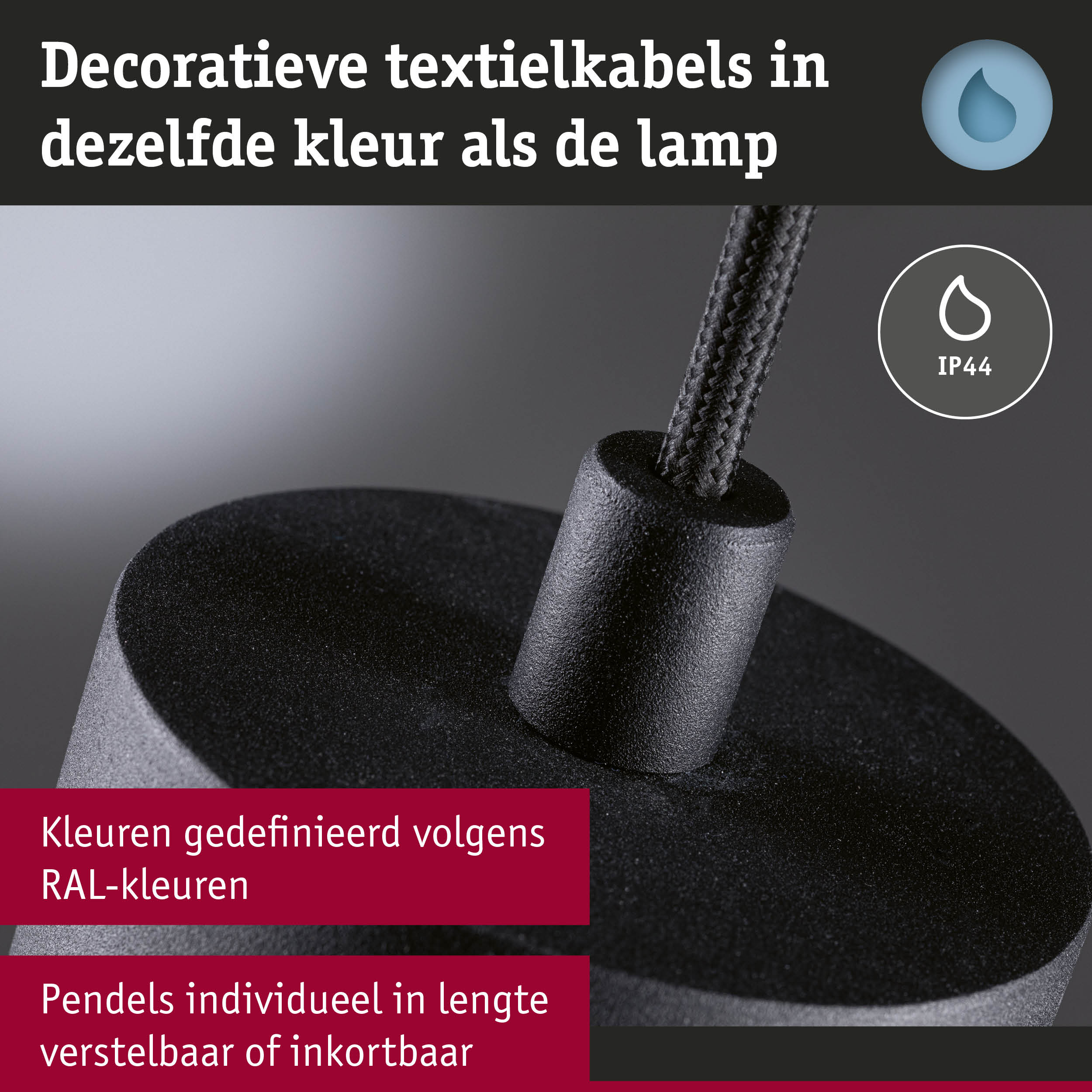 Zwart textielkabel voor lampen met IP44-bescherming, verstelbare lengte, verkrijgbaar in RAL-kleuren