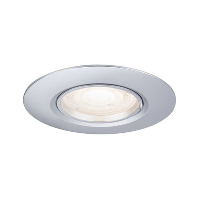 Round recessed spotlight in matte silver aluminium with warm white LED light for living spaces