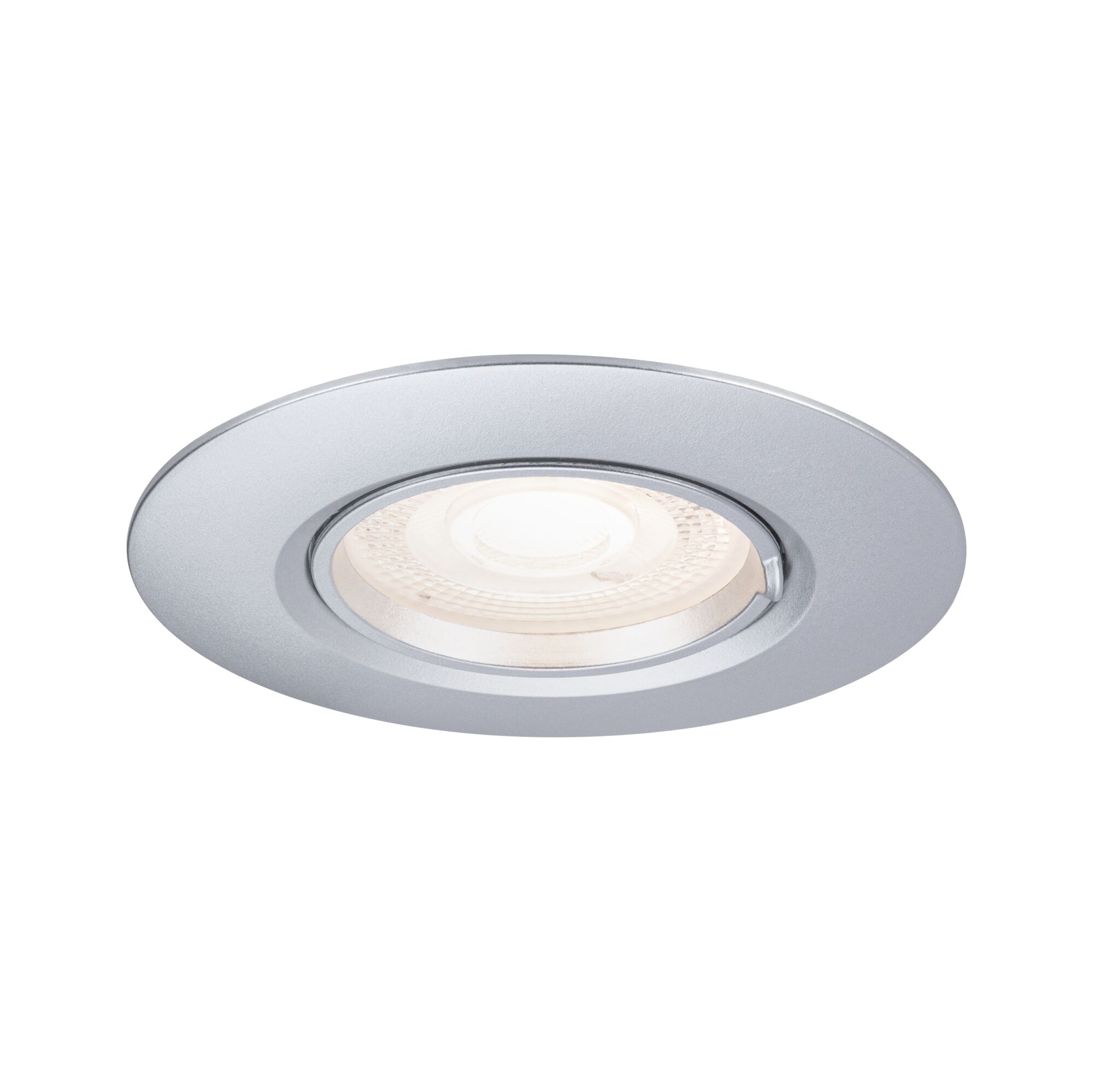 Runder Einbaustrahler aus matt-silbernem Aluminium mit warmweißem LED-Licht für Wohnräume