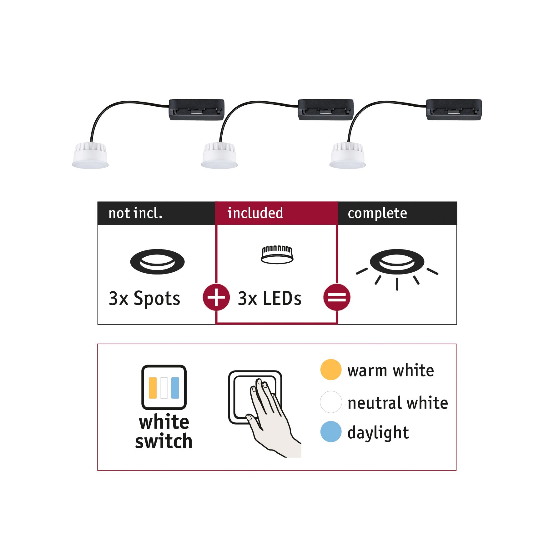 Diagram showing 3 LED lights with cables, explaining white light color selection via switch for LED spots.
