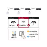 Diagram showing 3 LED lights with cables, explaining white light color selection via switch for LED spots.