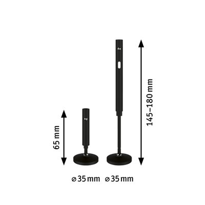 Deux supports métalliques noirs avec bases rondes et hauteur réglable de 65 à 180 mm pour éclairage.