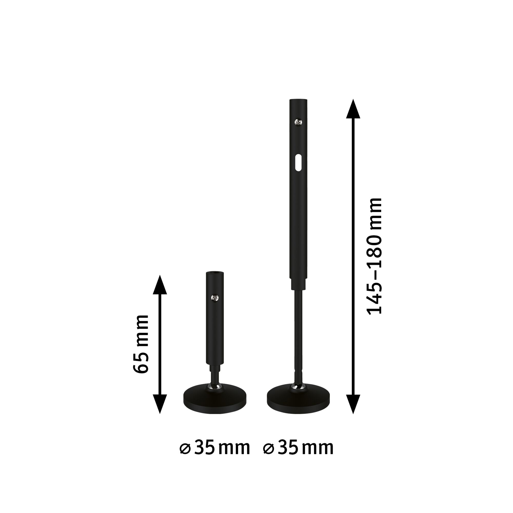 Zwei schwarze Metallständer mit runden Basen und variabler Höhe 65 bis 180 mm für Beleuchtung.