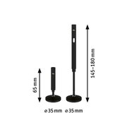 Zwei schwarze Metallständer mit runden Basen und variabler Höhe 65 bis 180 mm für Beleuchtung.