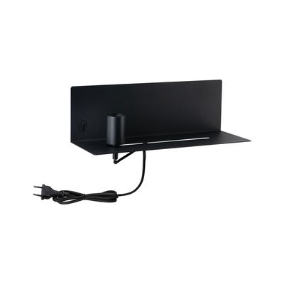 Black metal wall light shelf with cable and plug for modern LED lighting in living spaces