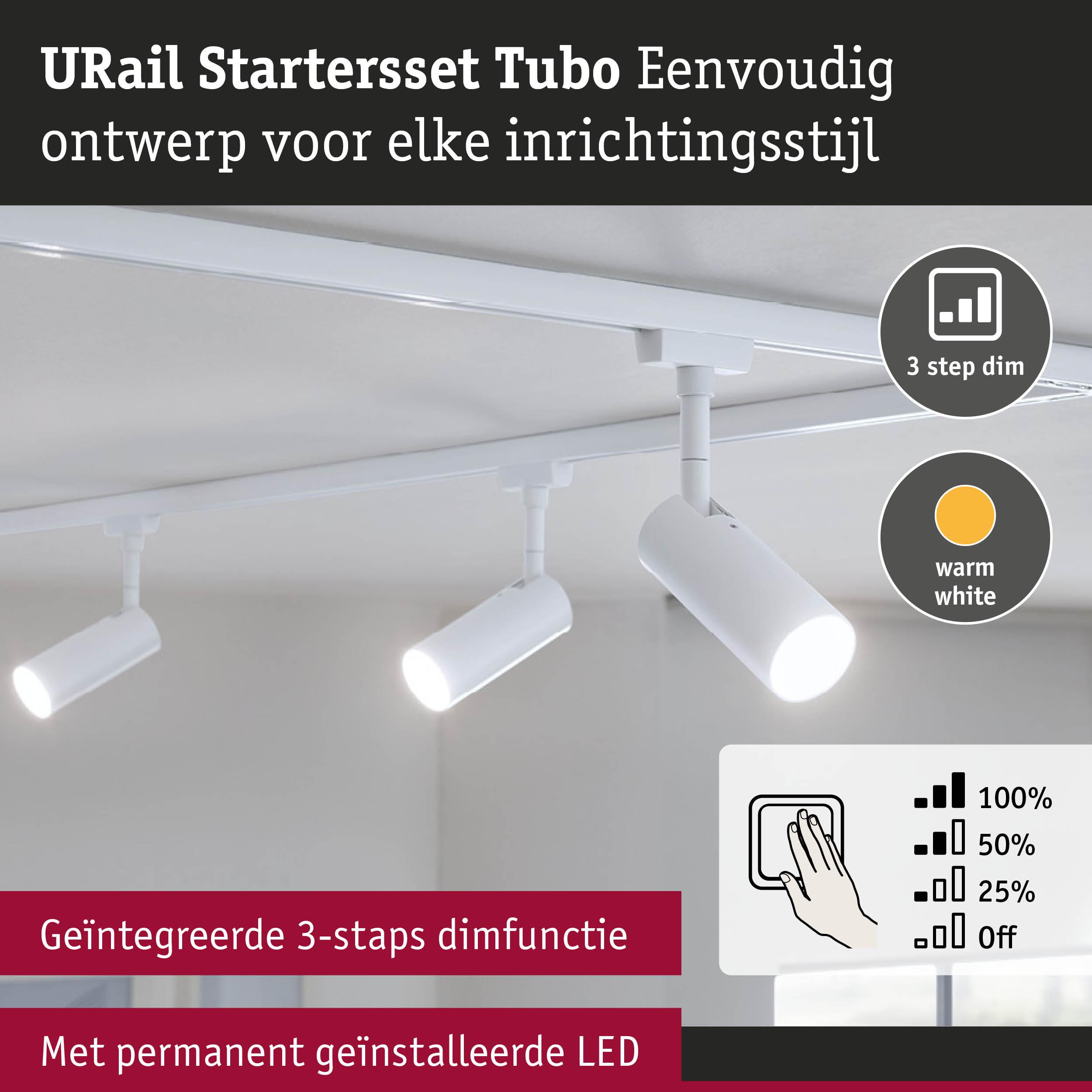 Wit URail Starterset Tubo LED-schienensysteem met geïntegreerde 3-staps dimfunctie en warm wit licht