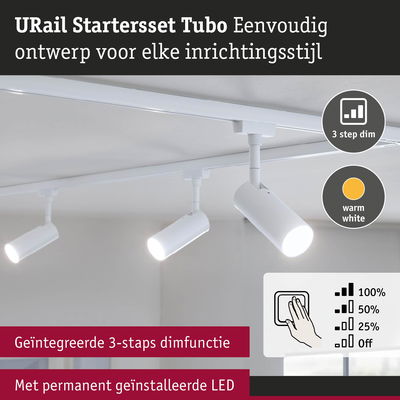 Wit URail Starterset Tubo LED-schienensysteem met geïntegreerde 3-staps dimfunctie en warm wit licht