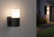 Moderne Außenwandleuchte aus schwarzem Metall mit weißem Glas, ideal für Gartenbeleuchtung.