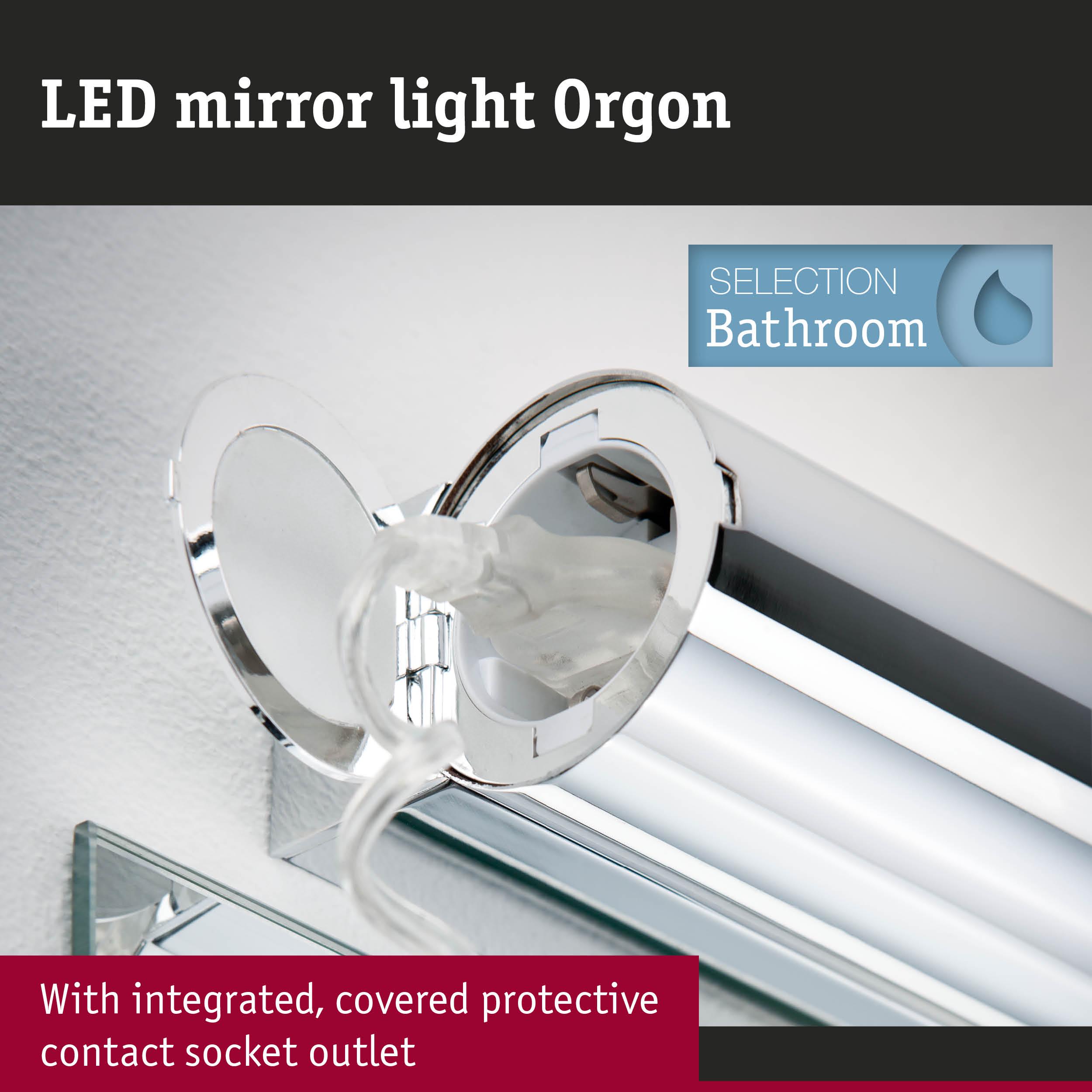 LED mirror light Orgon in chrome with integrated covered protective socket outlet for bathroom lighting