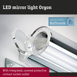 LED mirror light Orgon in chrome with integrated covered protective socket outlet for bathroom lighting