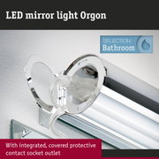 Orgon LED mirror light in chrome with integrated covered protective socket outlet for bathroom use