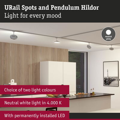 Modern URail spotlights with neutral white 4000K LED light in white kitchen with wood panel wall