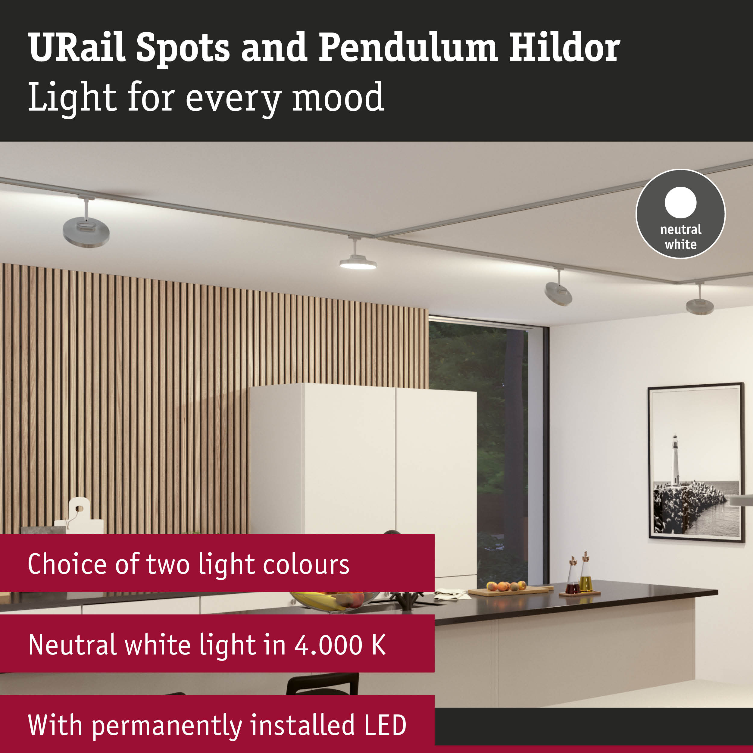 Modern URail Spots and Pendulum Hildor with neutral white 4000K LED light for versatile room lighting