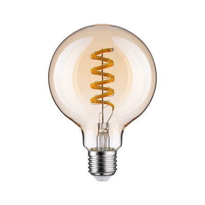 Light bulb with spiral LED filament in amber glass for decorative lighting and warm ambiance