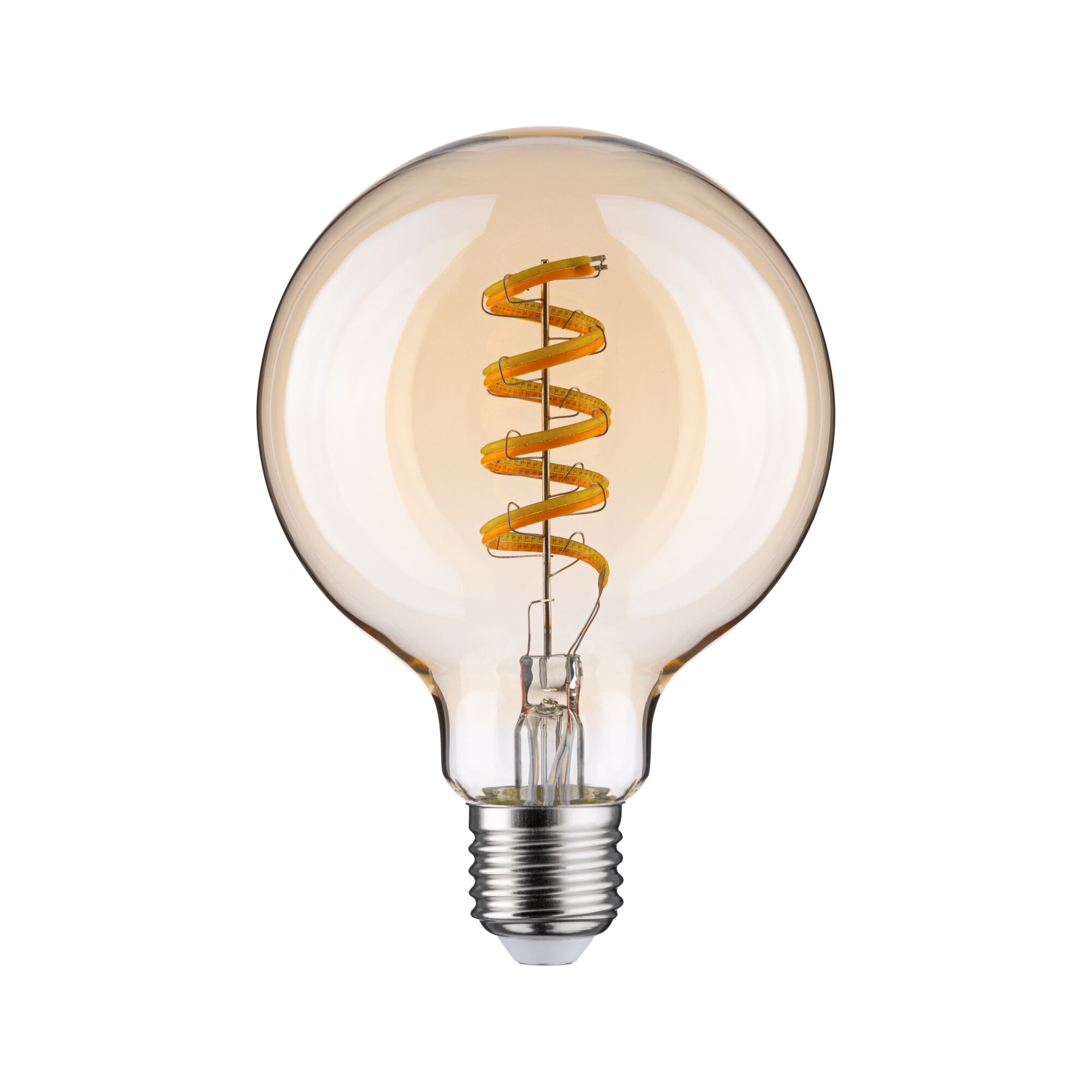 Light bulb with spiral LED filament in amber glass for decorative lighting and warm ambiance