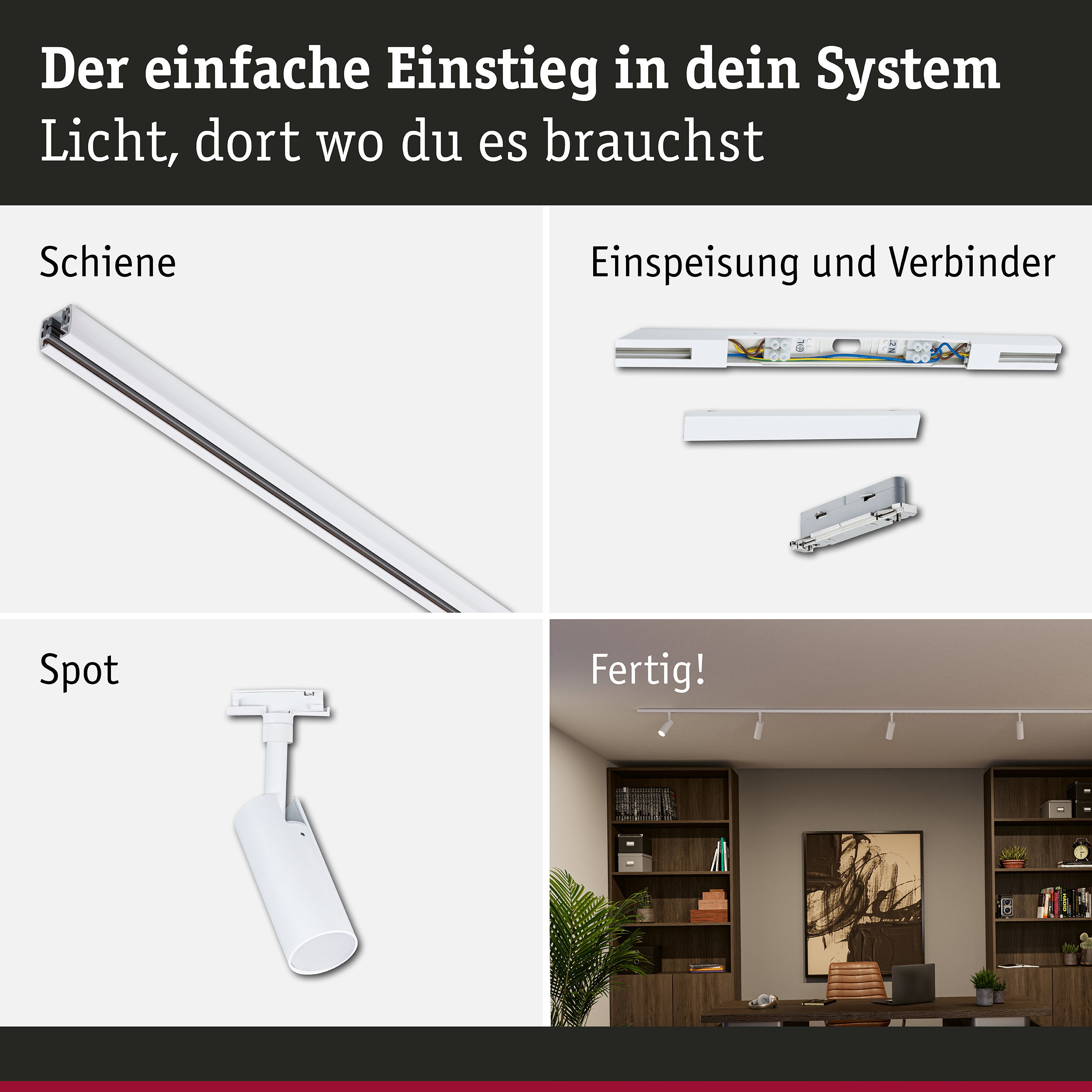 URail Schienenspot Tubo Starterset Mitteleinspeisung 4x4W 230V Signalweiß