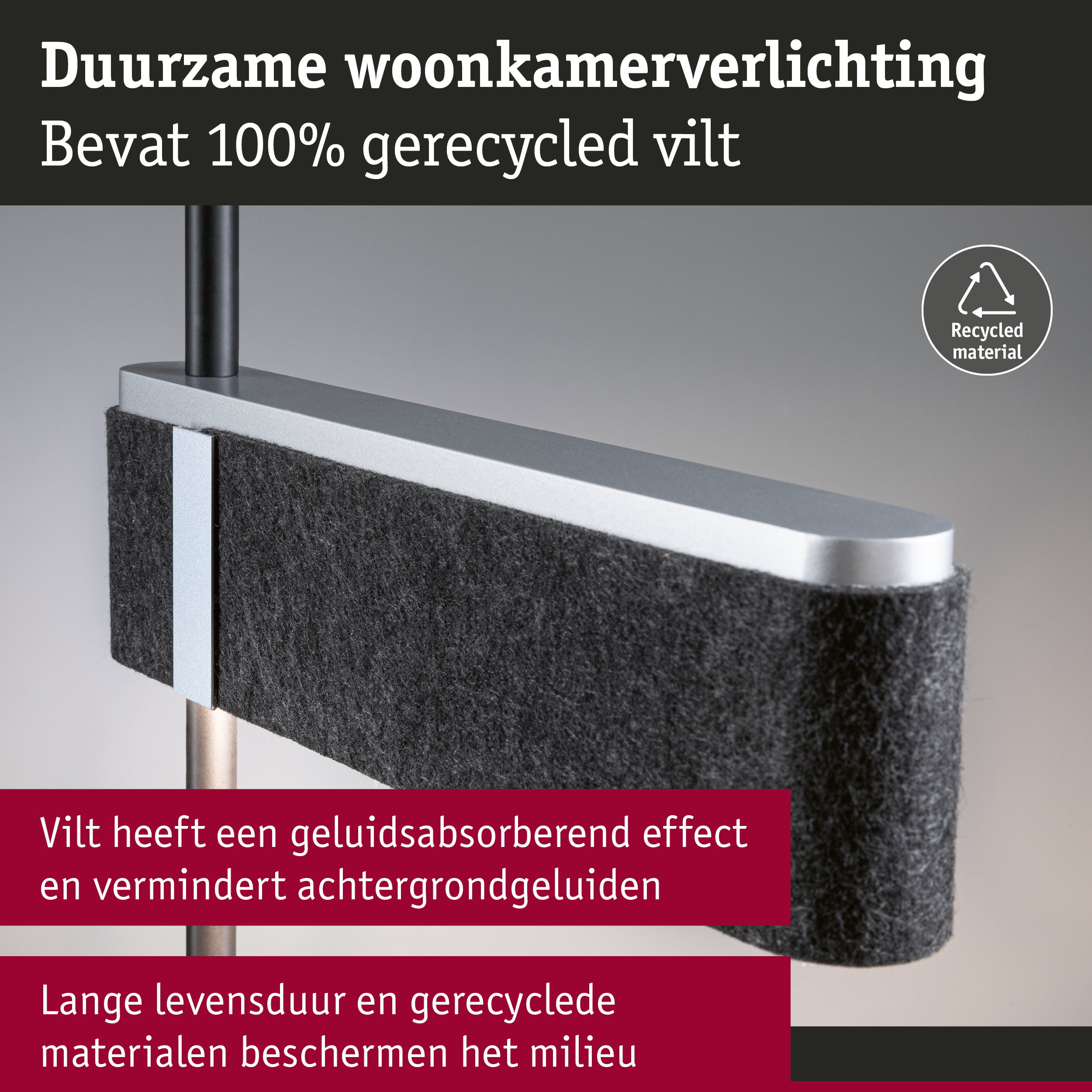 Duurzame woonkamerverlichting met 100% gerecycled zwart vilt en aluminium frame