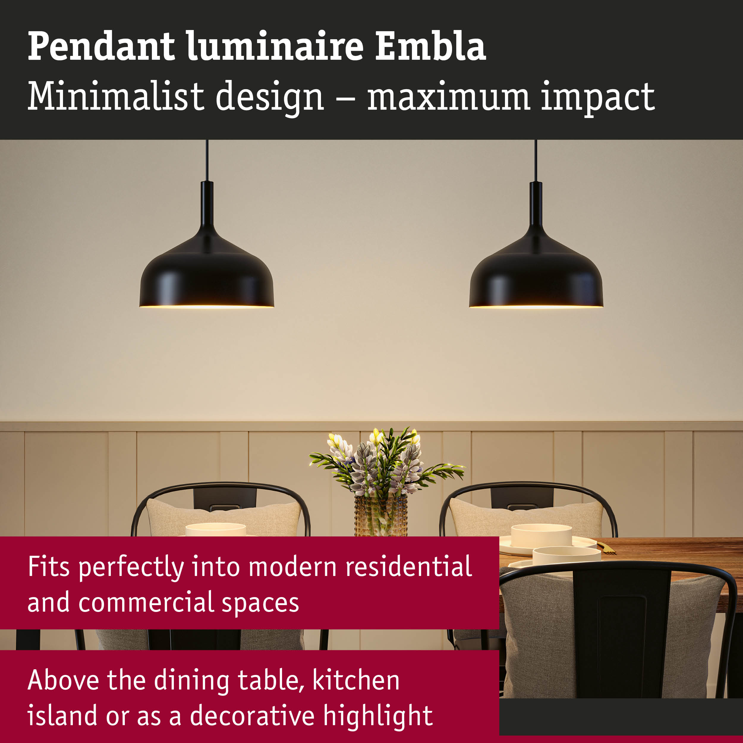 Black metal Embla pendant luminaire with minimalist design hanging above dining table in modern room