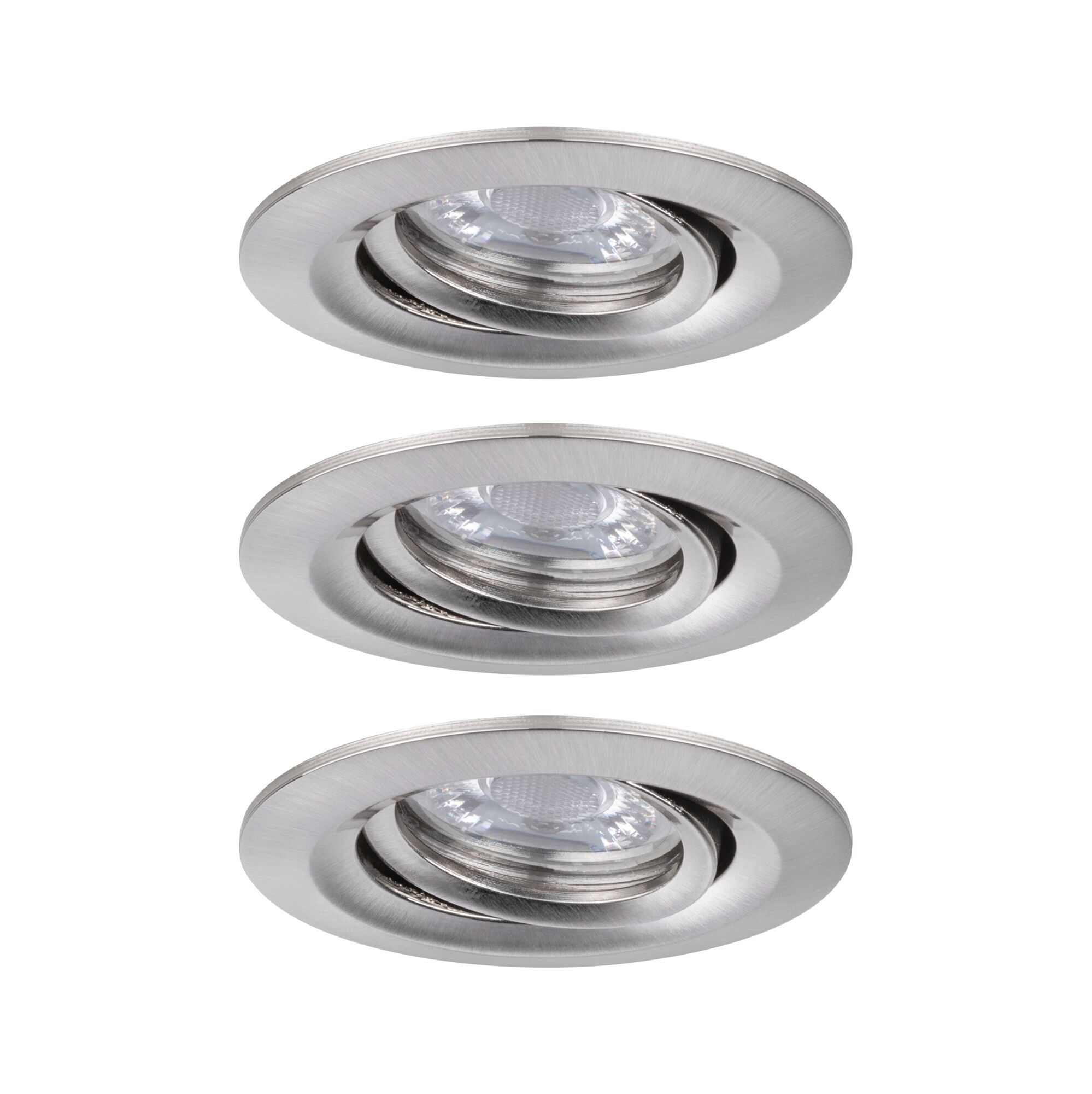 Drie ronde inbouwspots van geborsteld zilverkleurig aluminium voor moderne LED-verlichting