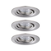 Tre runde indbygningsspots i børstet sølvfarvet aluminium til moderne LED-belysning