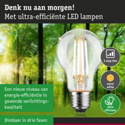Transparante LED-lamp met warm wit licht en 3-staps dimfunctie tegen groene bosachtergrond