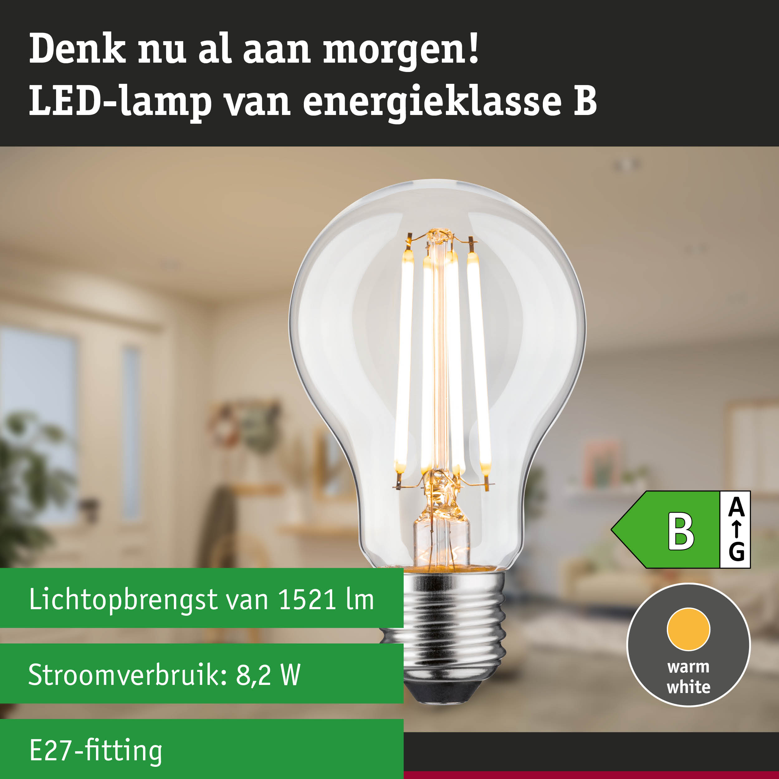 Transparante LED-lamp met warm wit licht en 3-staps dimfunctie tegen groene bosachtergrond