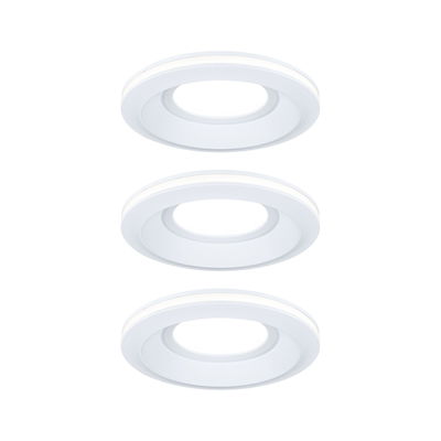 Drei weiße runde LED-Einbaustrahler mit modernem Design für energiesparende Raumbeleuchtung