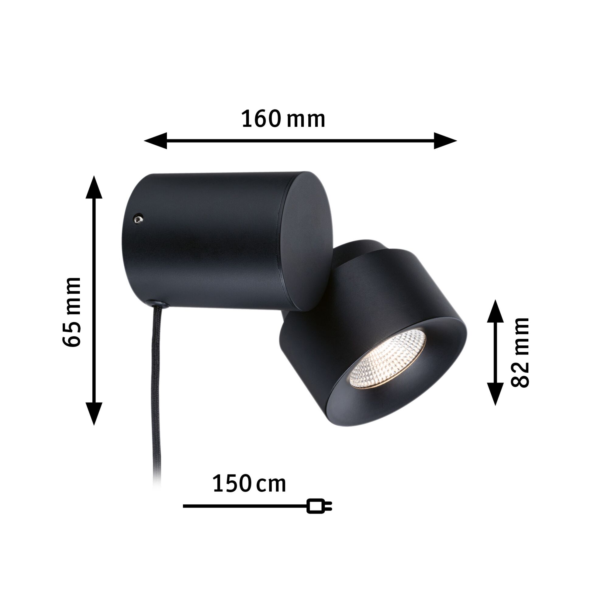 Black metal LED wall light with adjustable head and 150 cm cable for modern indoor lighting