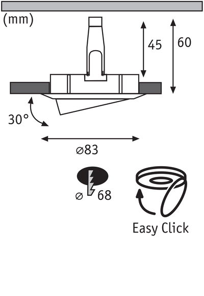 Technische Zeichnung eines Einbaustrahler mit 83 mm Durchmesser und 30 Grad Neigung, Easy Click Montage