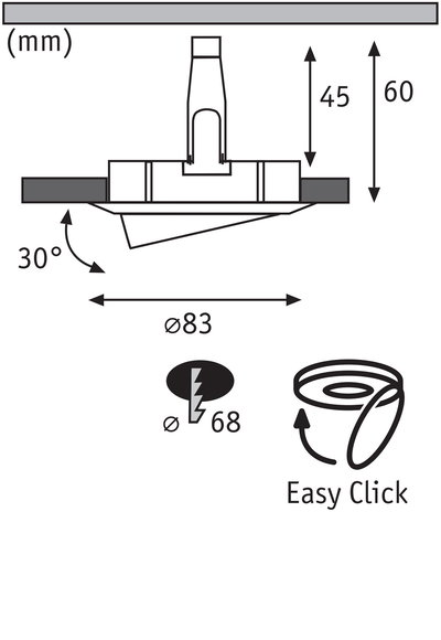 Technical drawing of recessed spotlight with 83 mm diameter and 30-degree tilt, Easy Click installation