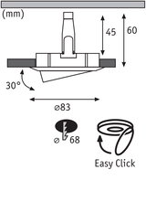 Technische Zeichnung eines Einbaustrahler mit 83 mm Durchmesser und 30 Grad Neigung, Easy Click System