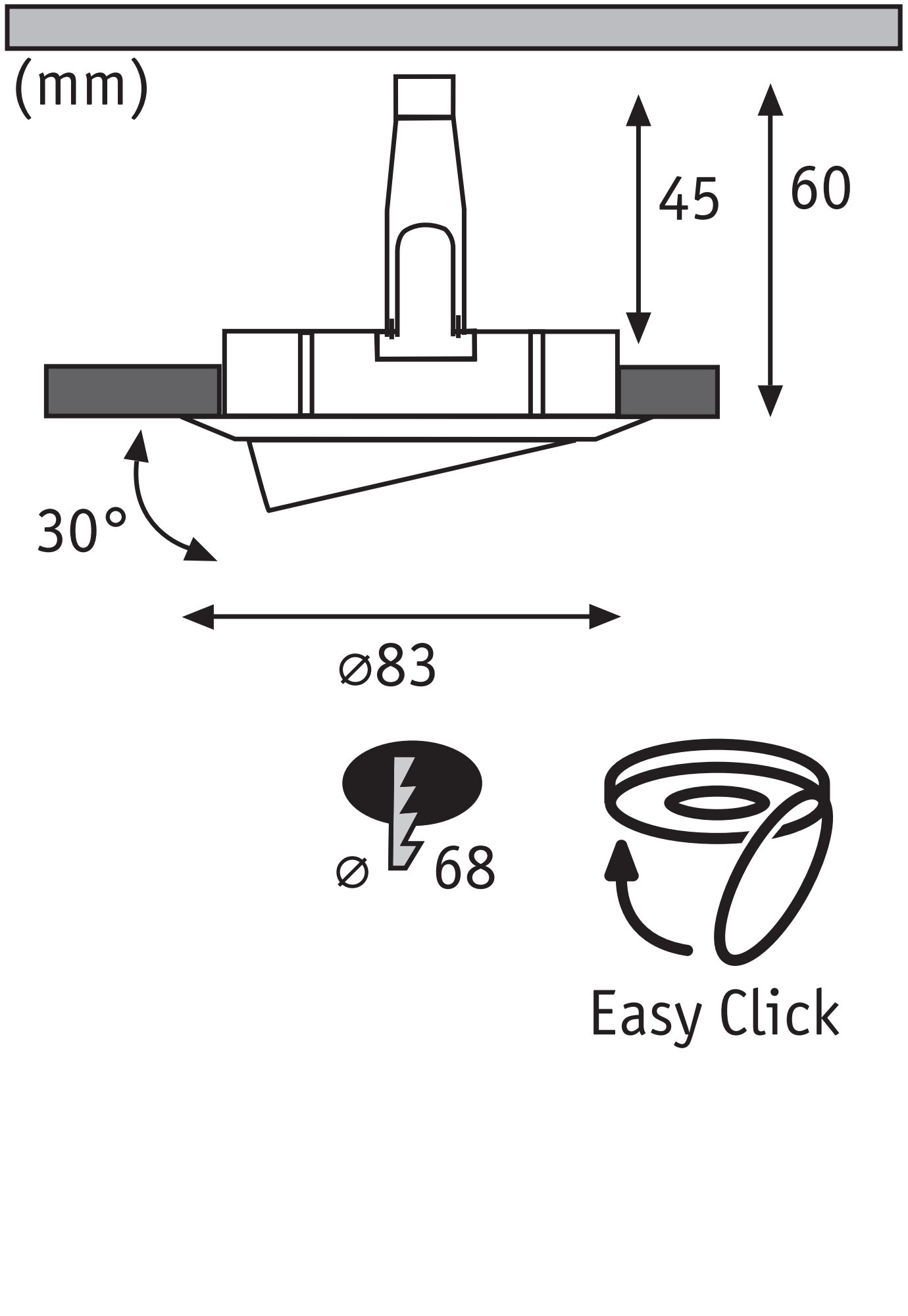 Technical drawing of recessed spotlight with 83 mm diameter and 30-degree tilt, Easy Click installation