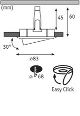 Technische Zeichnung eines Einbaustrahler mit 83 mm Durchmesser und 30 Grad Neigung, Easy Click System