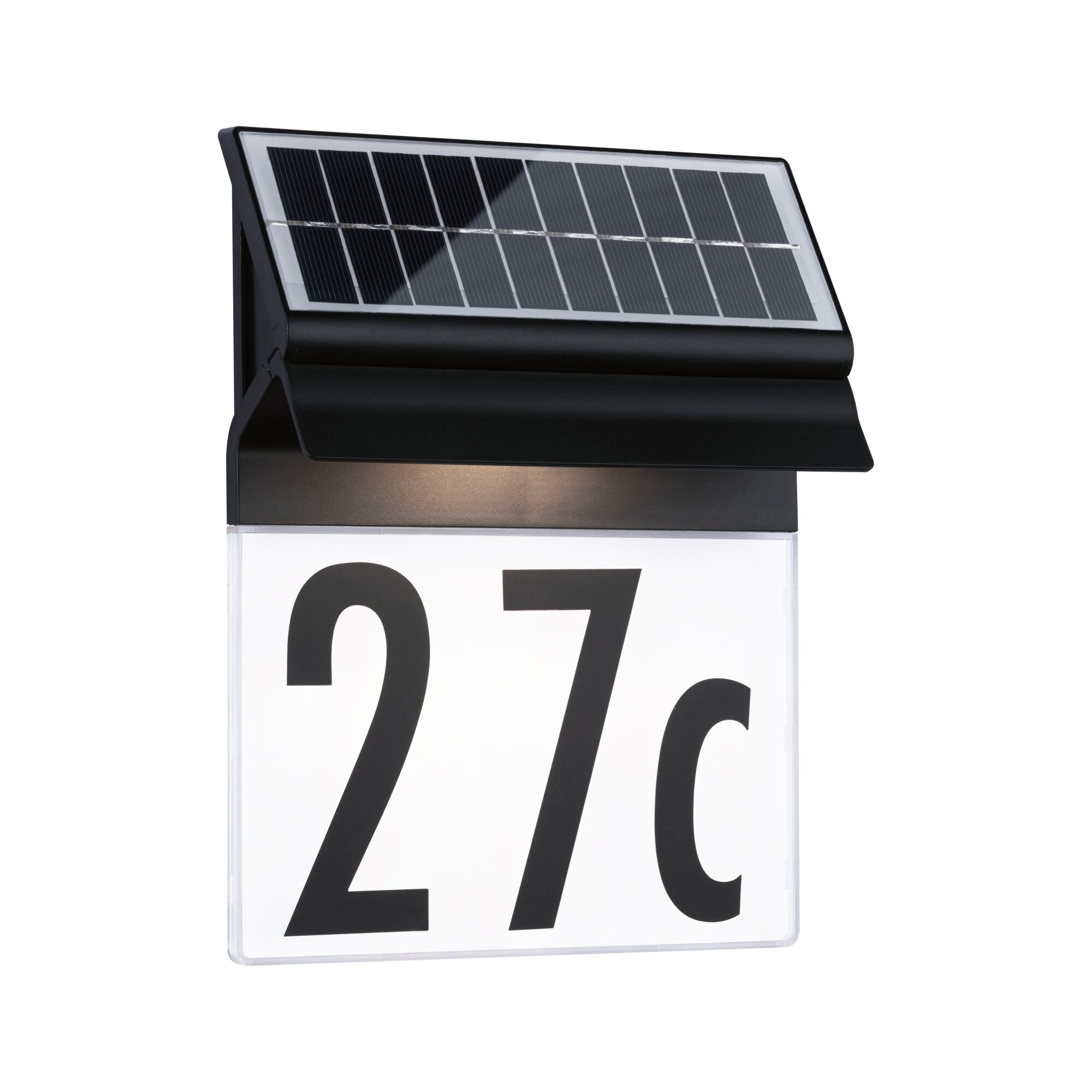 Black solar house number sign with illuminated white panel and large black digits 27c