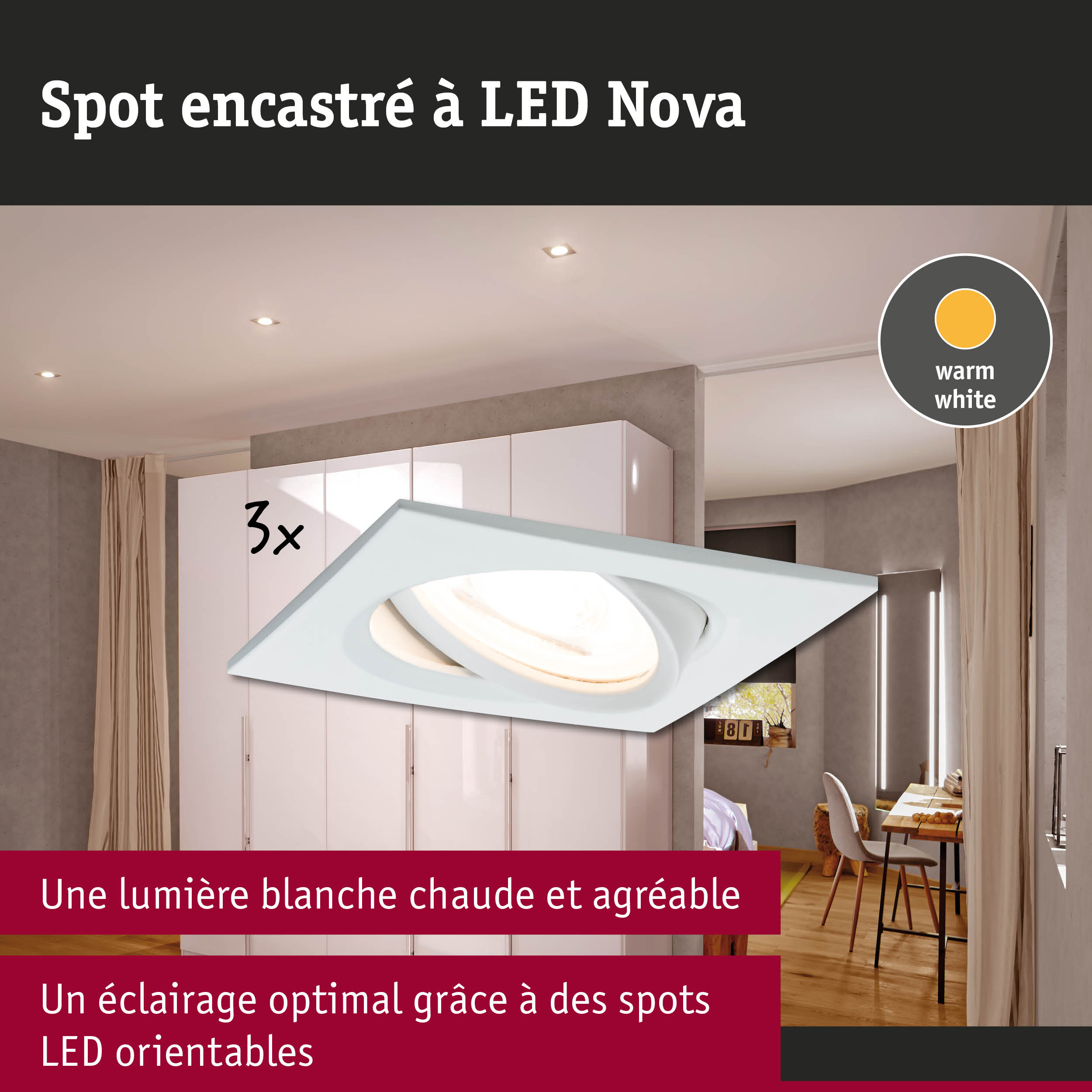 Spot encastré LED Nova blanc avec lumière blanc chaud pour un éclairage optimal et orientable