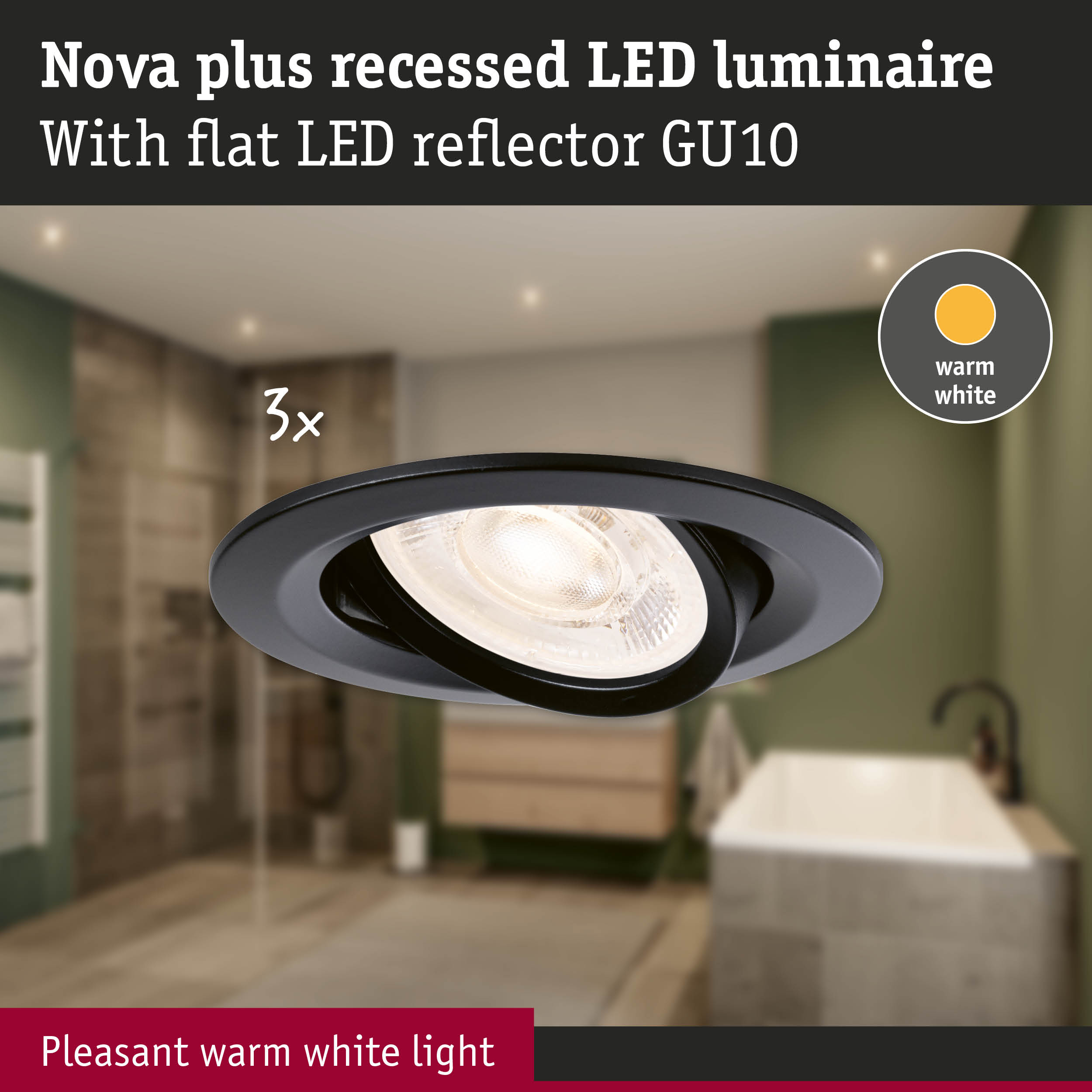 Nova plus black recessed LED spotlight with warm white light for modern bathroom lighting