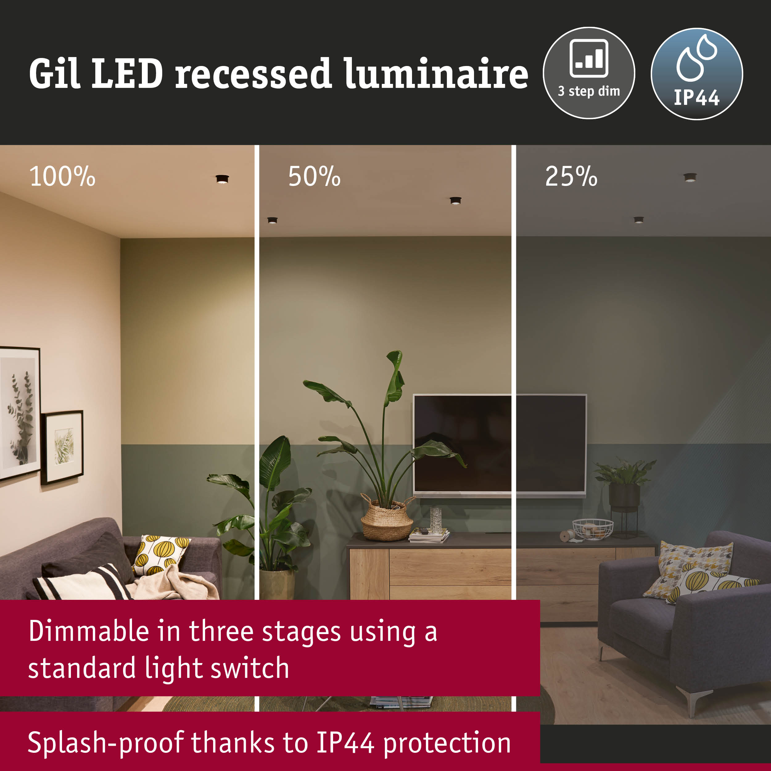 Gil black recessed LED luminaire with three-step dimming and IP44 splash protection for living rooms