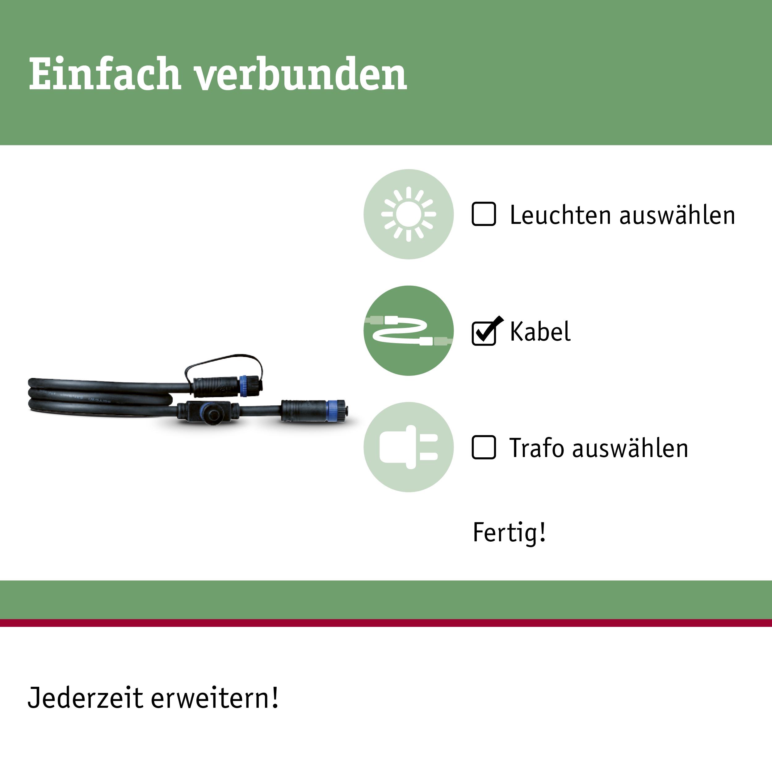Schwarzes Verbindungskabel mit Steckern, Teil einer modularen Beleuchtungslösung für einfache Installation.