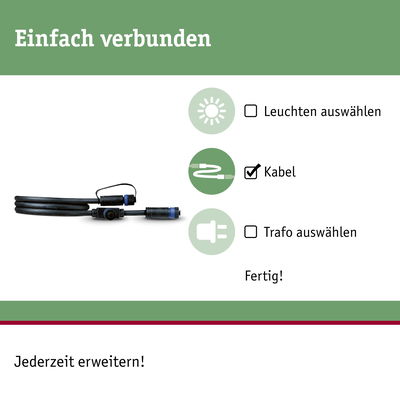 Schwarzes Verbindungskabel mit Steckern, Teil einer modularen Beleuchtungslösung für einfache Installation.
