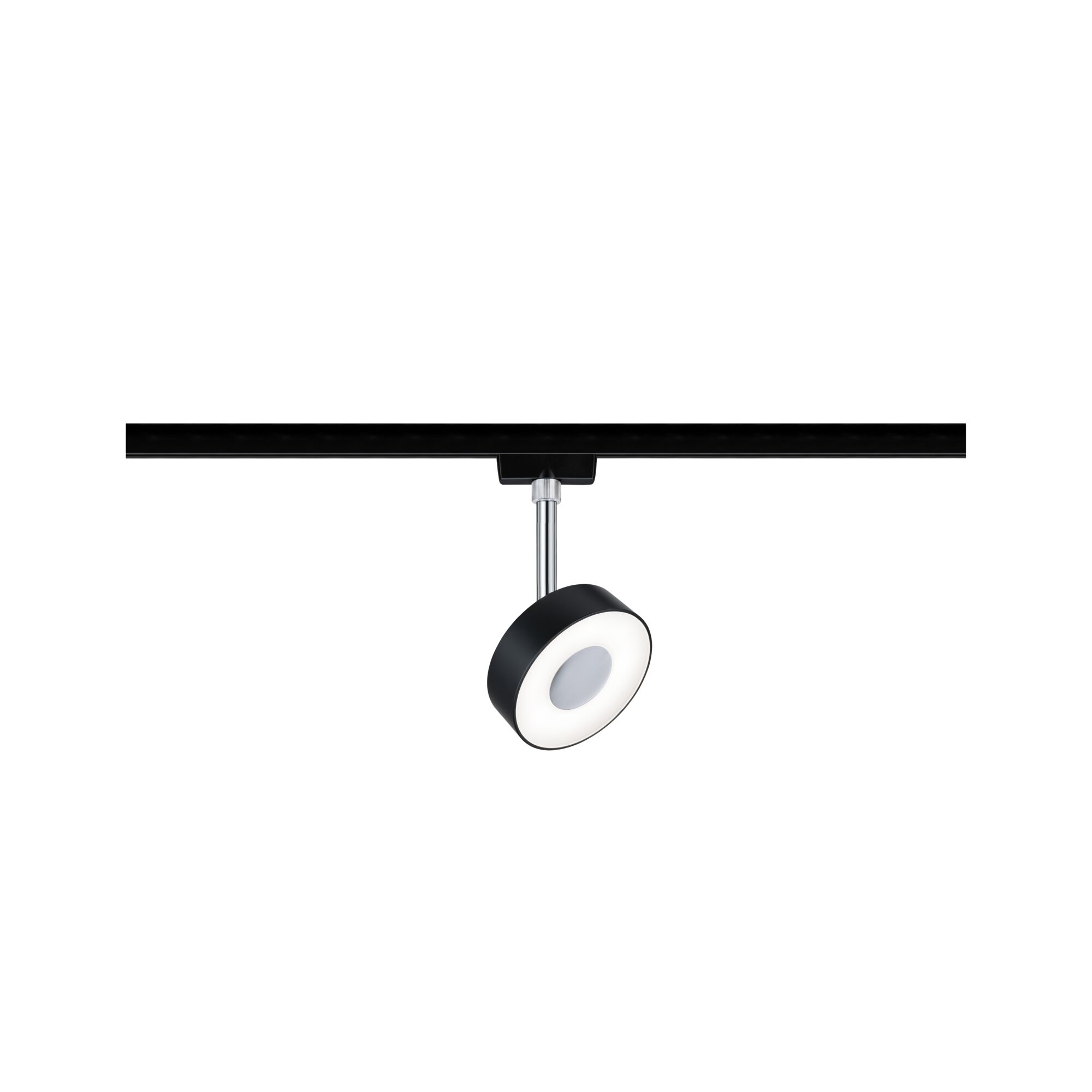 Black LED spotlight with white light ring on adjustable rod for track lighting systems