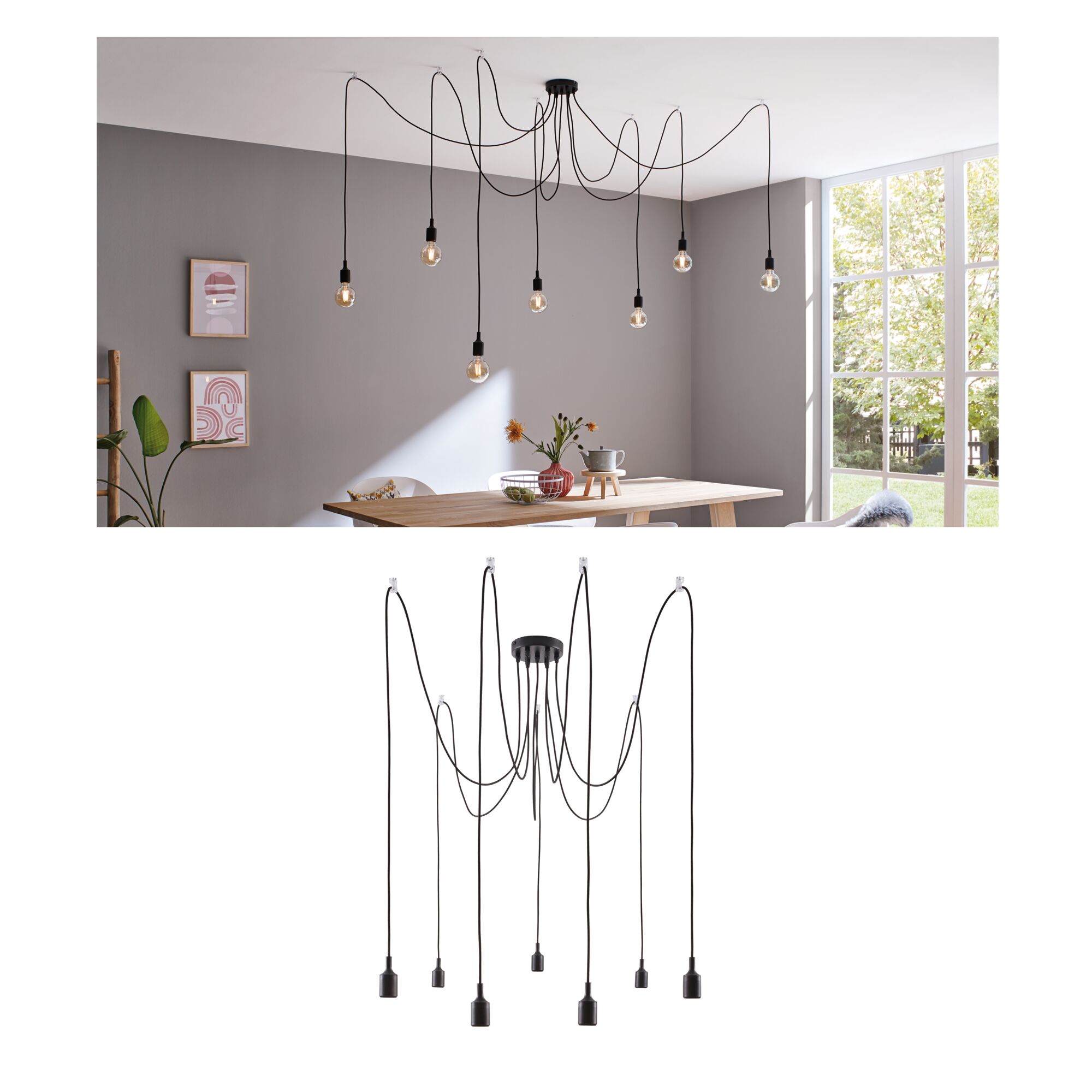 Schwarze Pendelleuchte mit acht Kabeln und Glühbirnen, modernes Design für Esszimmerbeleuchtung