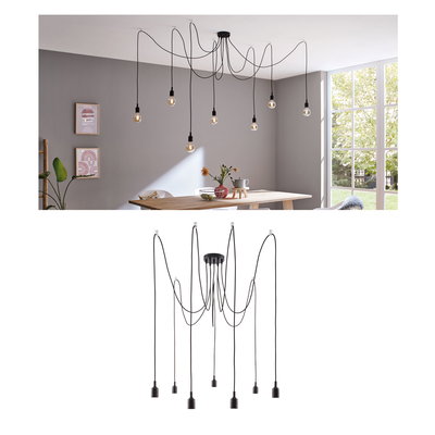 Schwarze Pendelleuchte mit acht Kabeln und Glühbirnen, modernes Design für Esszimmerbeleuchtung