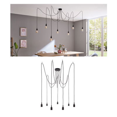 Black pendant light with eight cables and bulbs, modern design for dining room lighting