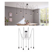 Modern black pendant light with seven bulbs and long cables in bright dining room