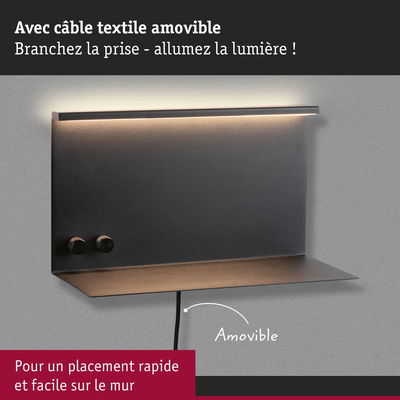 Applique murale noire avec câble textile amovible et éclairage LED pour une installation rapide et design moderne