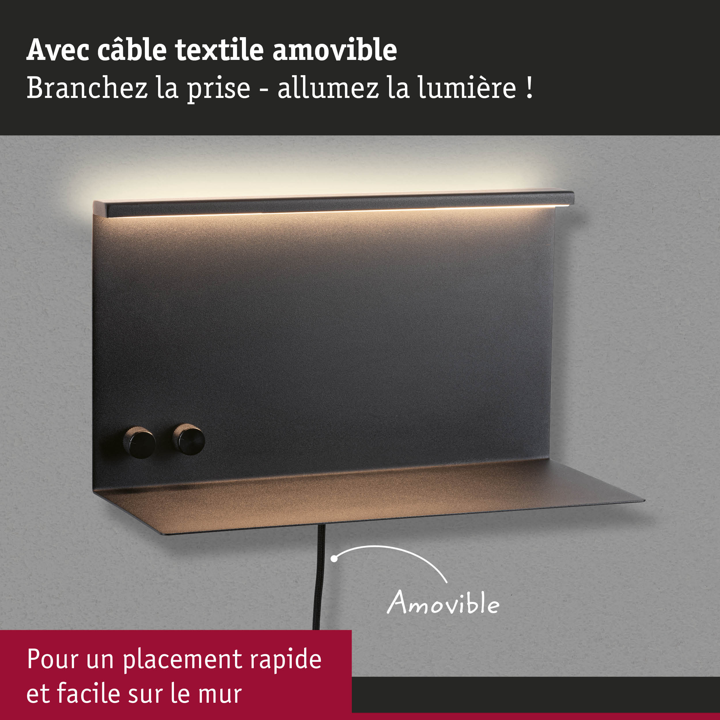 Applique murale noire moderne avec câble textile amovible et lumière LED chaude pour installation facile